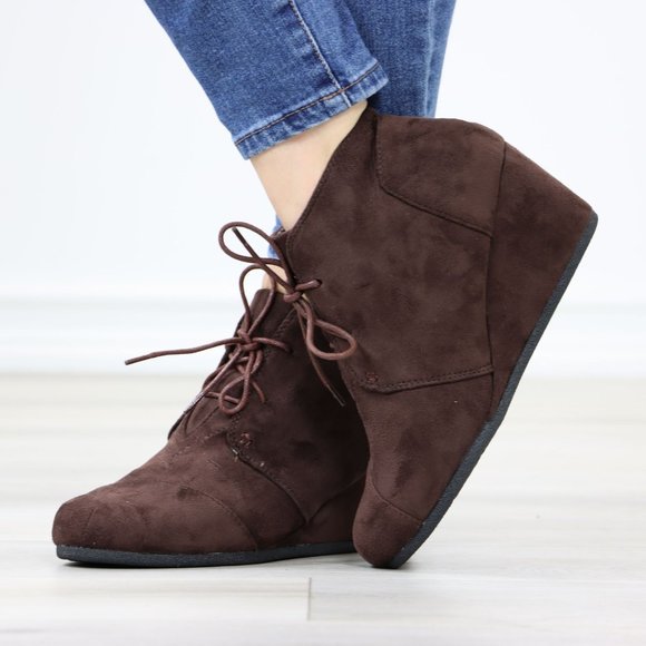 Brown Ankle Boots Wedge Heel Faux Suede Round Toe Lace Up - Picture 7 of 12